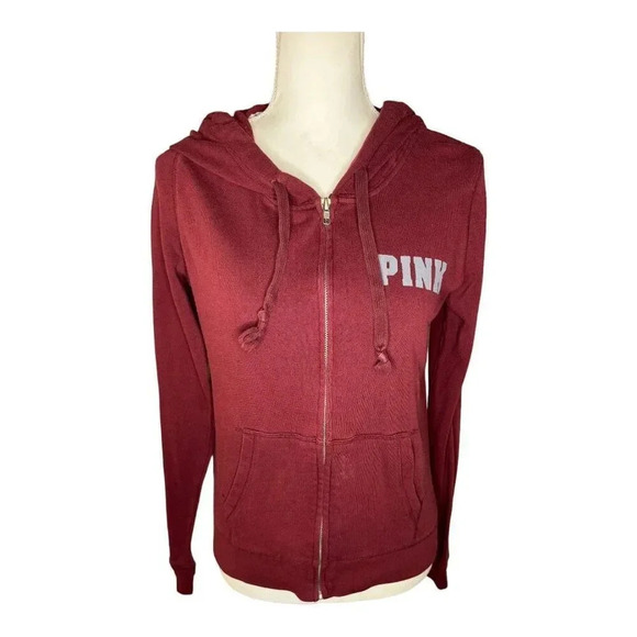 Victoria's Secret PINK Size Small Burgundy French Terry Zip Up Hoodie - Picture 1 of 6
